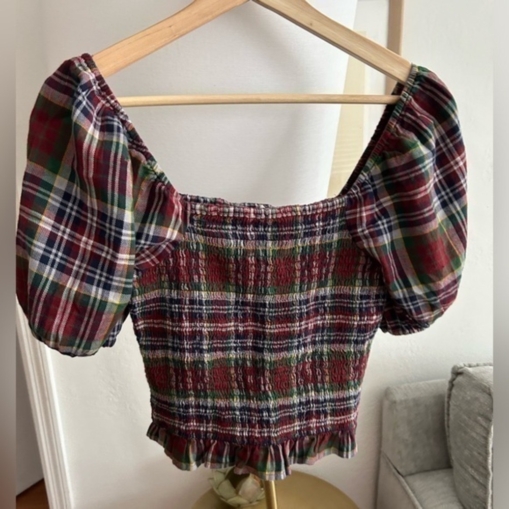 American Eagle Plaid Smoked Off The Shoulder Preppy Peasant Y2K  Cropped Top S